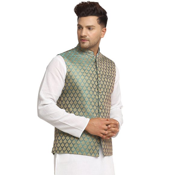 Sleeveless Traditional Brocade Silk Sapphire Blue Nehru Jacket by Treemoda - Picture 2 of 5